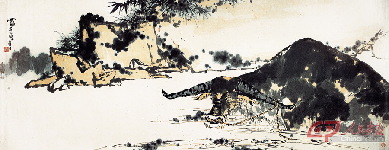 Buffalo in Pond in Summer, traditional Chinese painting (by fingers with ink), 142.7×367cm, 1960s