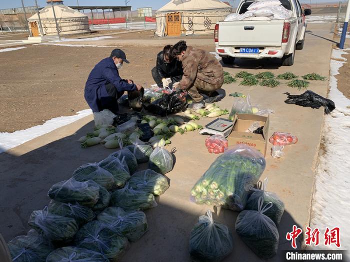 图为戈壁上的志愿者为牧民代购蔬菜。 石斌 摄